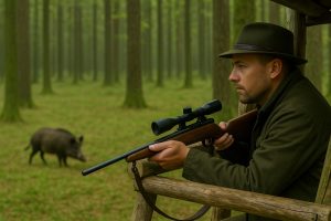 Jaeger Und Wildschwein Im Wald Hochsitz 300x200